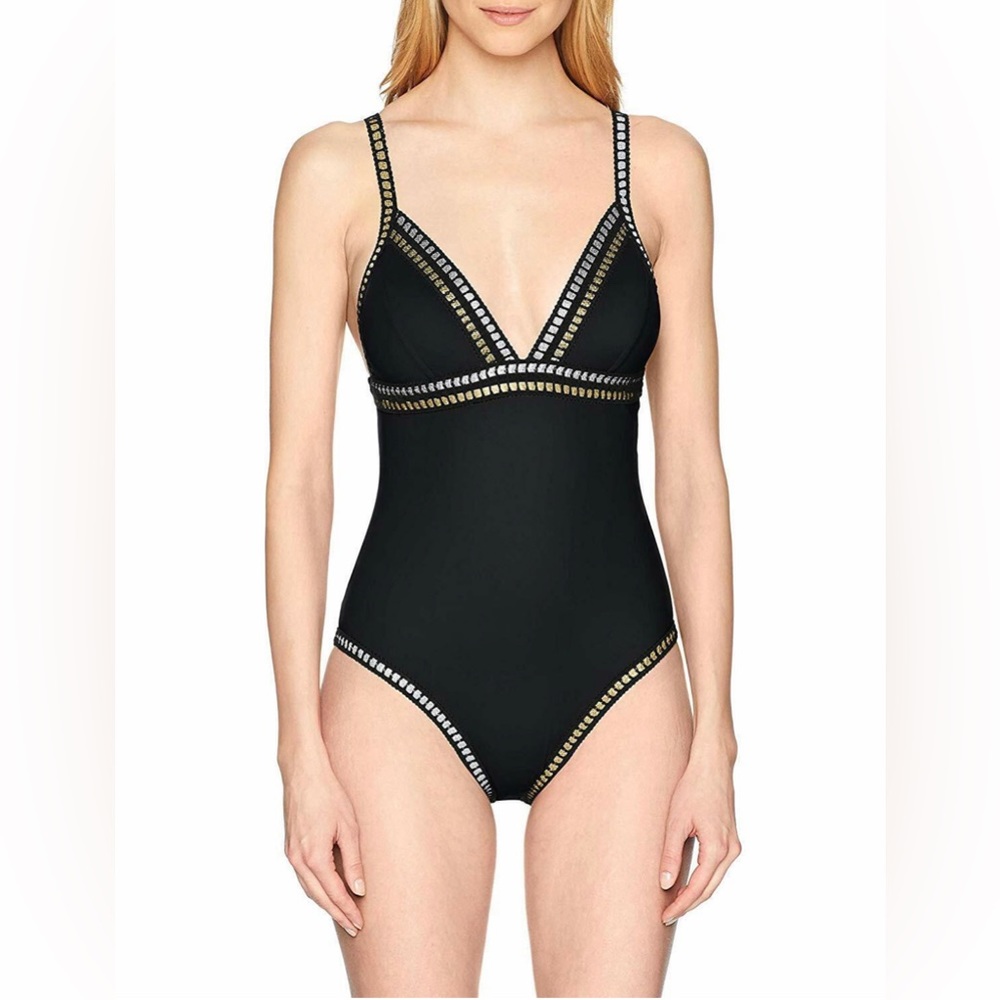 La Blanca V-Neck One Piece Swimsuit with Gold & Silver Threading